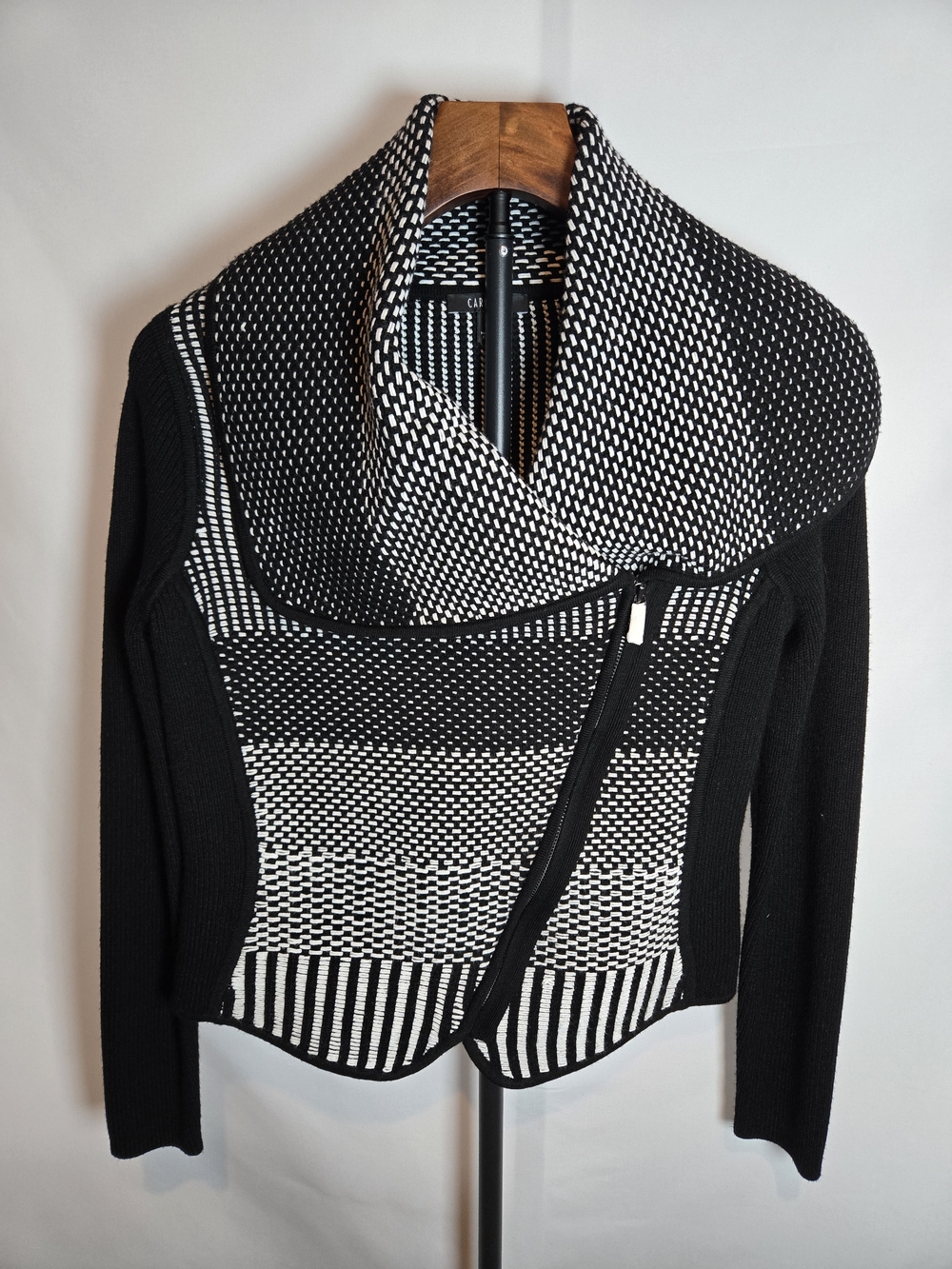 Carlisle Collection Asymmetric Geometric Knit Moto Jacket - Black & White - NWOT